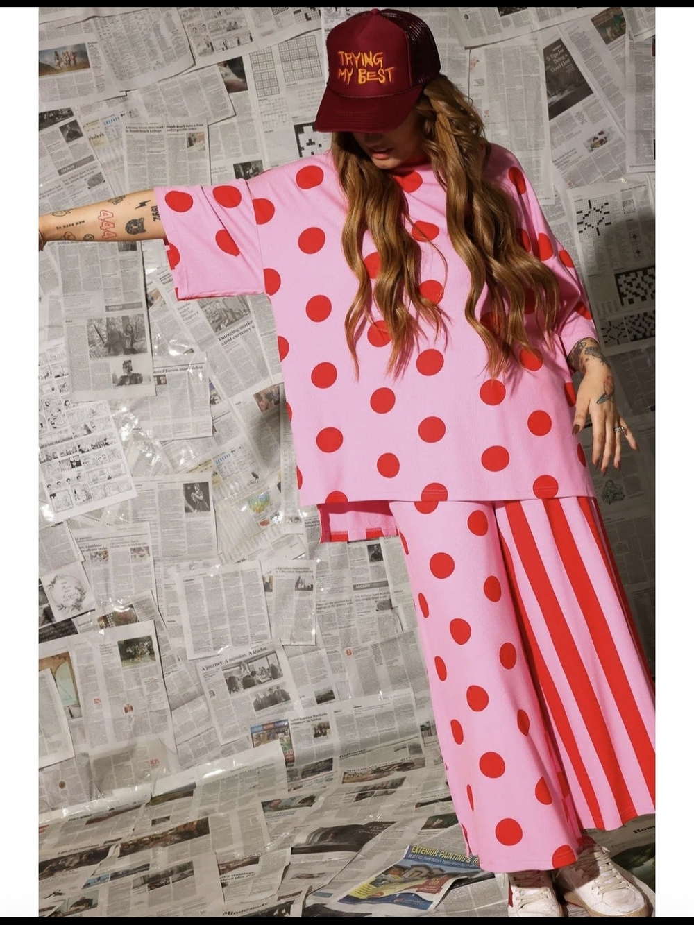 Relaxed Polka Dot Wide-Leg Pantsuit in Pink and Red - Unbranded